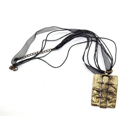 Gold & Black Rectangular PendantWith Multi-Strand Ribbon &Cord - Picture 3 of 4